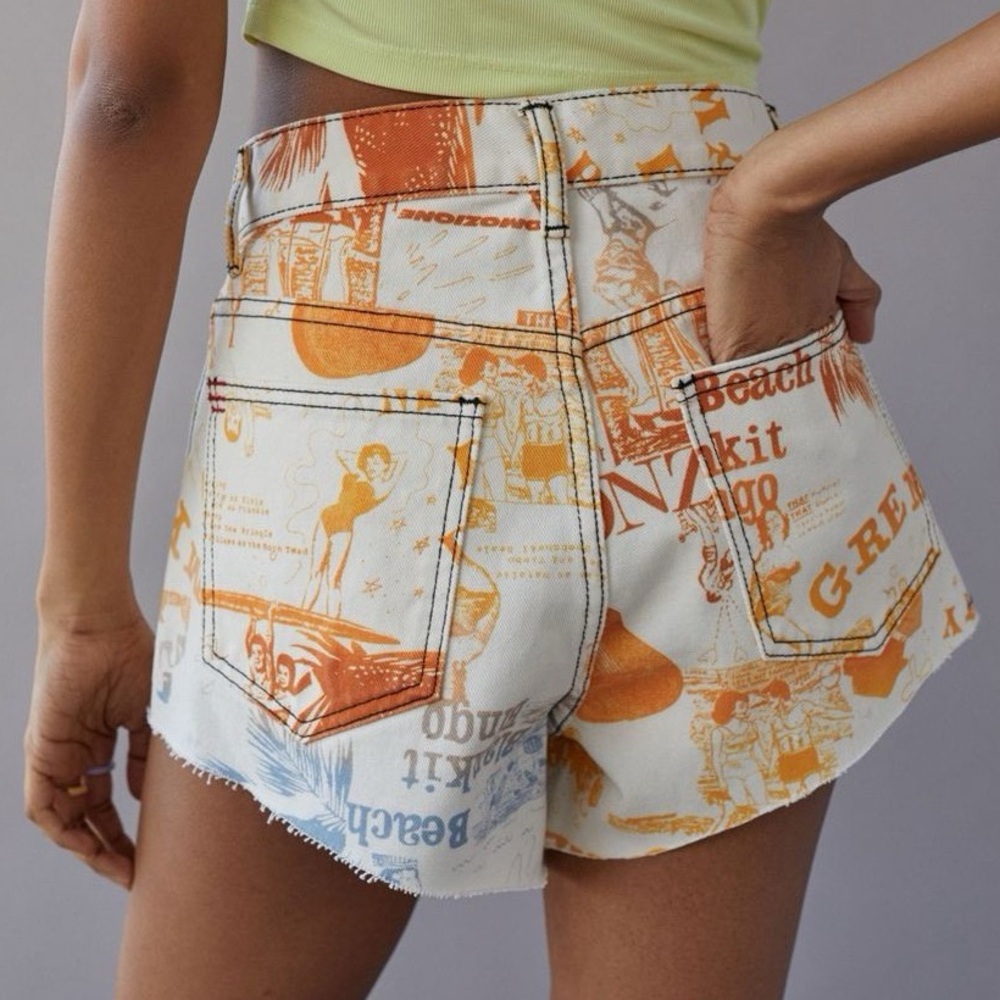 BDG High-Waist Printed Denim Shorts in Orange and Blue on White